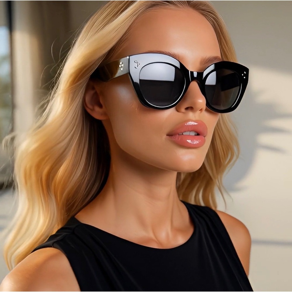 Womens Oversized Black Cat Eye Sunglasses Triple Dot Rivet Designer Style Luxury